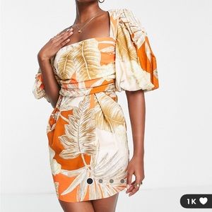 ASOS DESIGN puff sleeve mini dress with wrap waist in tropical palm print